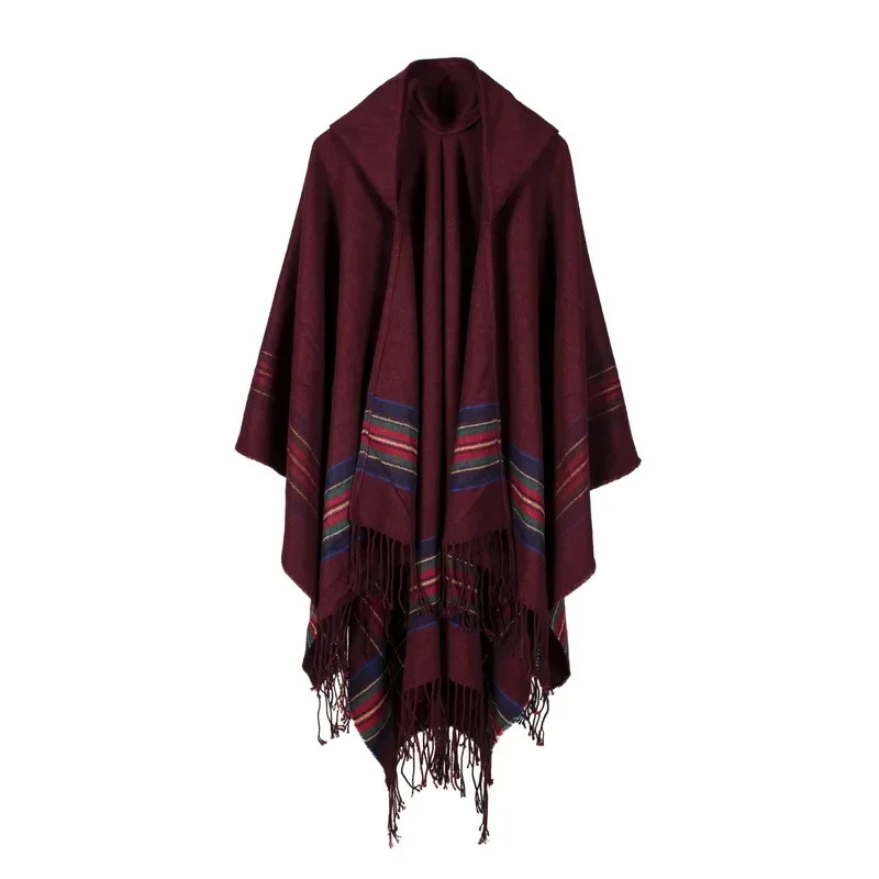 Autumn Winter Women Imitation Cashmere Jacquard Shawl Can Wear Warm Lengthened Fashionable Hooded Cloak Ponchos Capes Red