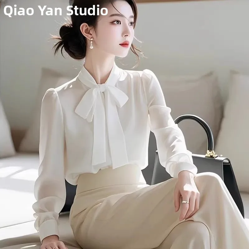 

Ele White Loose Women's irt Spring Autumn New Sle Bow Tie Commute Top Slimming irt Casual Sle Long Sve
