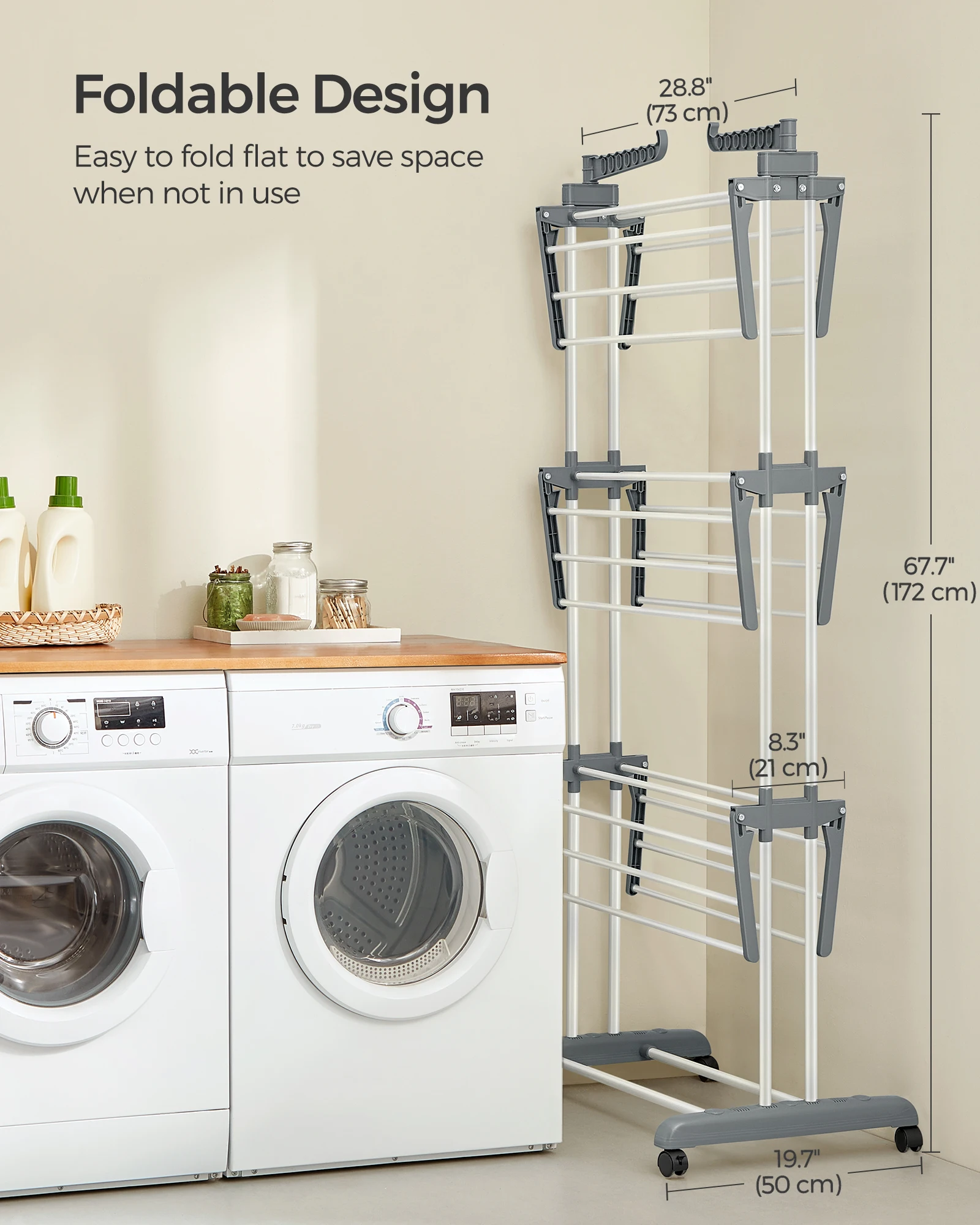 SONGMICS Clothes Drying Rack Stand 4-Tier, Foldable Laundry Drying Rack 68.1-Inch Tall, Steel, Rolling Clothes Horses Dryer Rack image 5