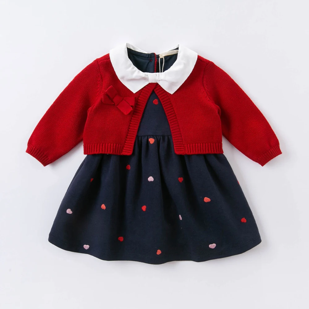 Dave Bella Girls\' Knitted Sweater Dress Gentle Cute Children Fake Two Piece Baby Long Sleeve Dress Outdoor Party DBM14515