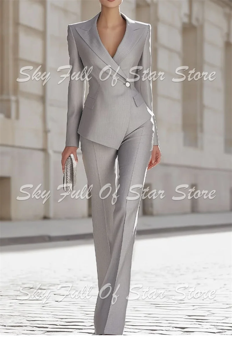 Gray Women Suit Set 2 Pcs Asymmetric Hem Blazer+High Waist Flared Pants Custom Formal Business Wedding Office Lady Jacket