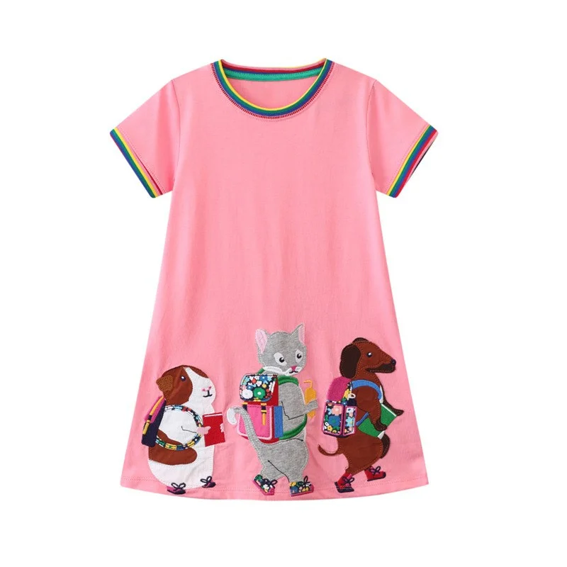 Jumping Meters Crayon Applique Baby Girls Dresses Summer Short Sleeve Toddler Cotton Princess Toddler Kids Clothes Dress