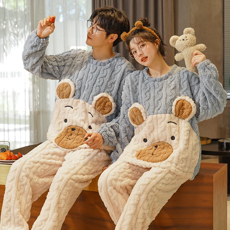 Autumn and Winter 2023 New Big Brand Warm Cute Cartoon Pajamas Couple Set Women Coral Fleece Flannel Men\'s Home Wear