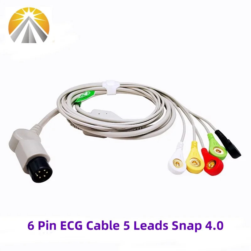 ECG Cable 6 Pin Snap 4.0 IEC for Multi Brands Patient Monitors Mindray PM Series Edan Biolight Goldway One Piece 5 Lead Wires