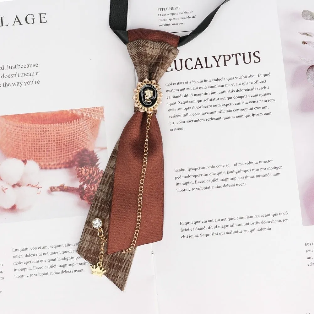 Vintage Y2K Preppy Necktie Rhinestone Chain Adjustable Strap Plaid Bow Tie Multiple Colors Oval Decorative Neck Tie For Women
