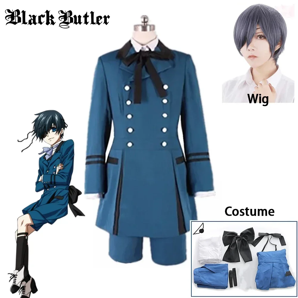 Anime preto mordomo kuroshitsuji ciel phantomhive cosplay traje peruca festa de halloween feminino masculino conjunto completo roupas uniformes azuis