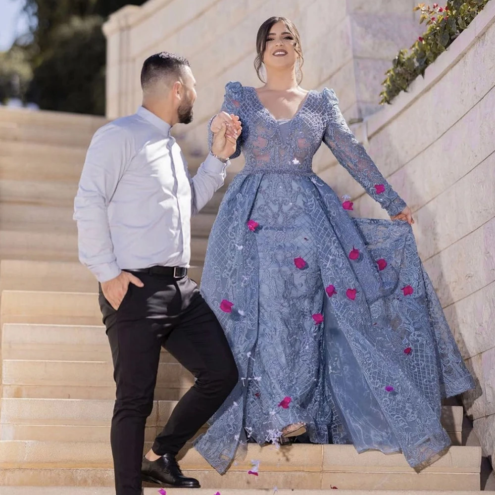 Vestidos de Noche de boda de encaje elegantes para mujer, vestido de fiesta Formal hecho a mano de cristal de manga larga con cuello en V de sirena, personalizado, 2025