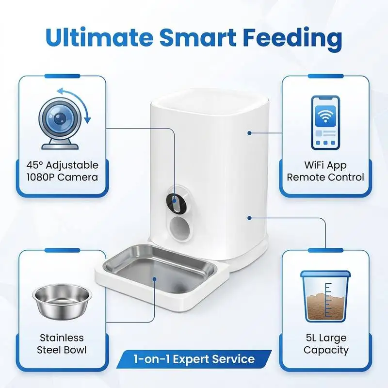 5L Smart Automatic Pet Feeder Adjustable 1080P Camera Charge 5G WiFi LCD Display Customized Color/Logo for Dogs/Cats/Small