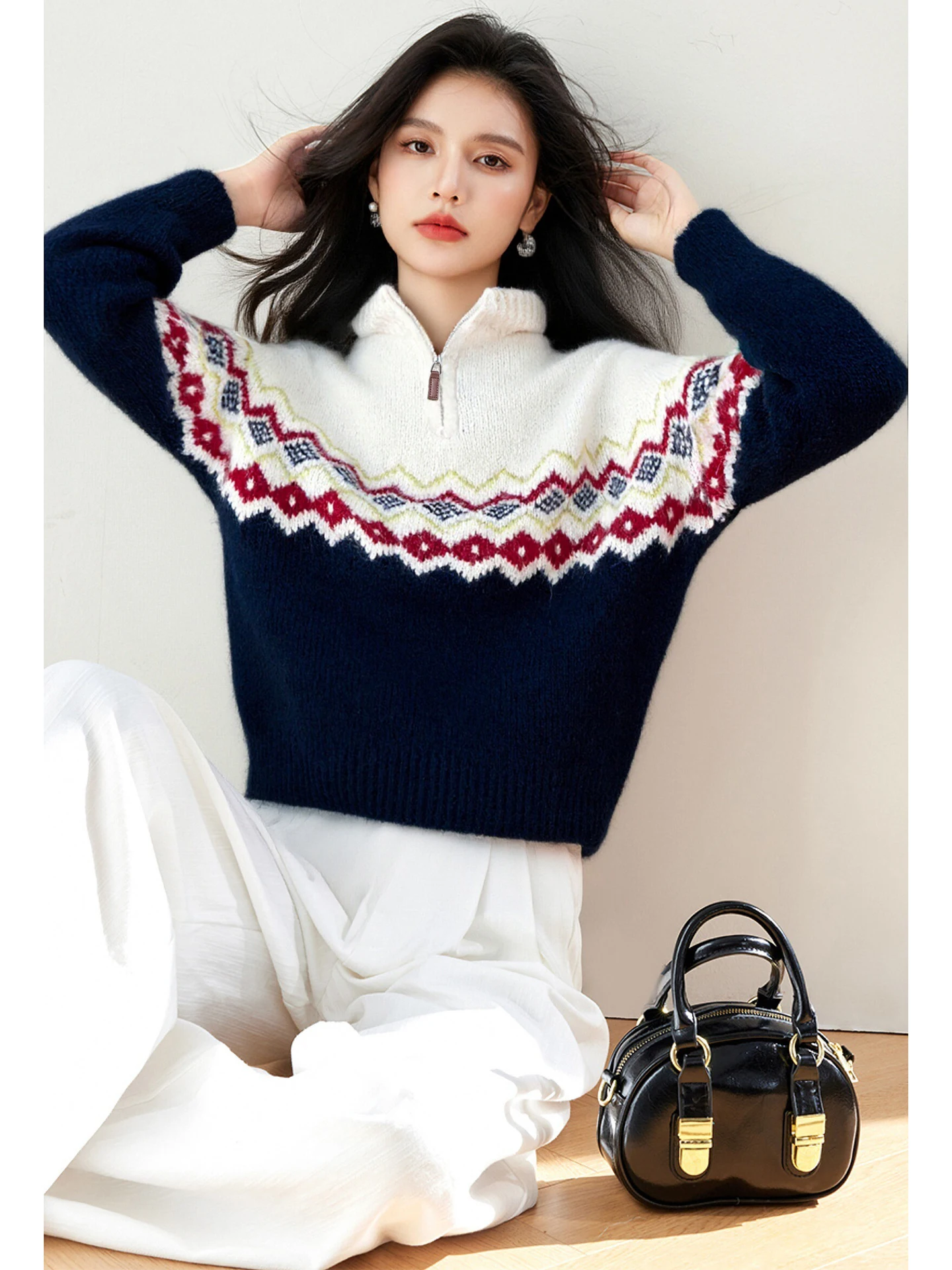 เสื้อสเวตเตอร์ผู้หญิง แขนยาว คอเต่า ซิปครึ่งตัว ผ้าถักลายแจ็คการ์ด หนานุ่ม สวมใส่สบาย สไตล์ลำลอง หรูหรา รุ่น 9827 สำหรับฤดูใบไม้ร่วงและฤดูหนาว