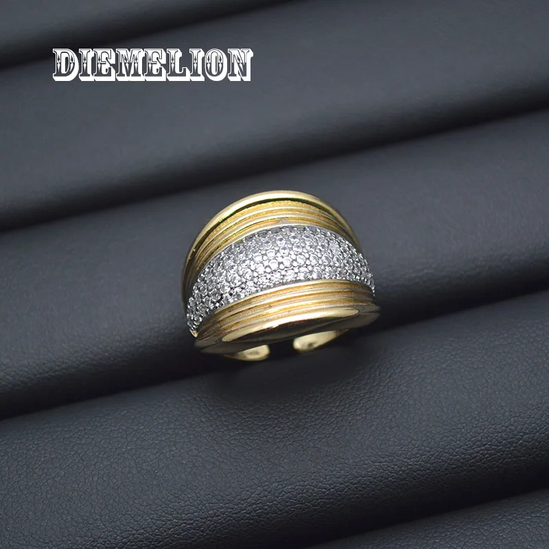 New Fashion Women's Finger Ring with CZ Stone Wiredrawing Effect Two-tone Wide Rings Luxury OL Female Jewelry