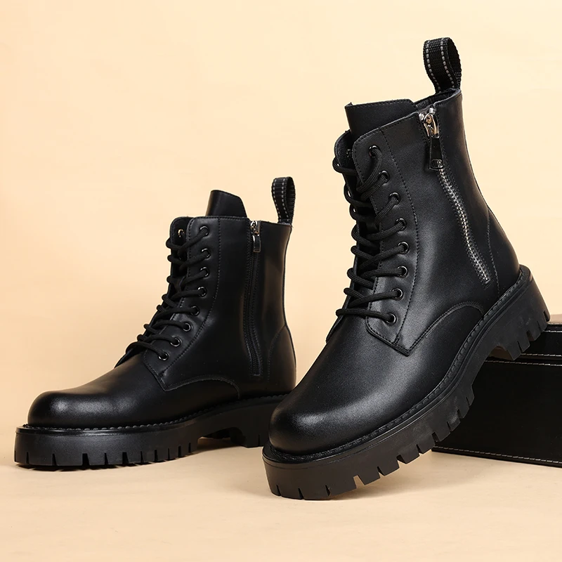 Cirboy-Bottes de moto hautes en cuir véritable pour hommes, chaussures noires élégantes, bottes à plateforme, mode automne et hiver, grande taille