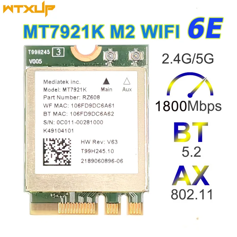 Wi-Fi 6E MediaTek MT7921k 1800Mbps Bluetooth 5.2  wireless WIFI Card 802.11AX for Windows 10 / 11