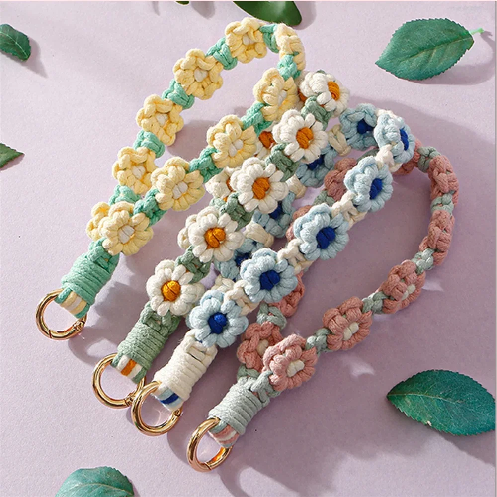 الكروشيه زهرة الأقحوان الحبل مكافحة خسر شريط للرسغ للهاتف النساء الفتيات اليدوية الحياكة حقيبة المعلقات المفاتيح الهدايا