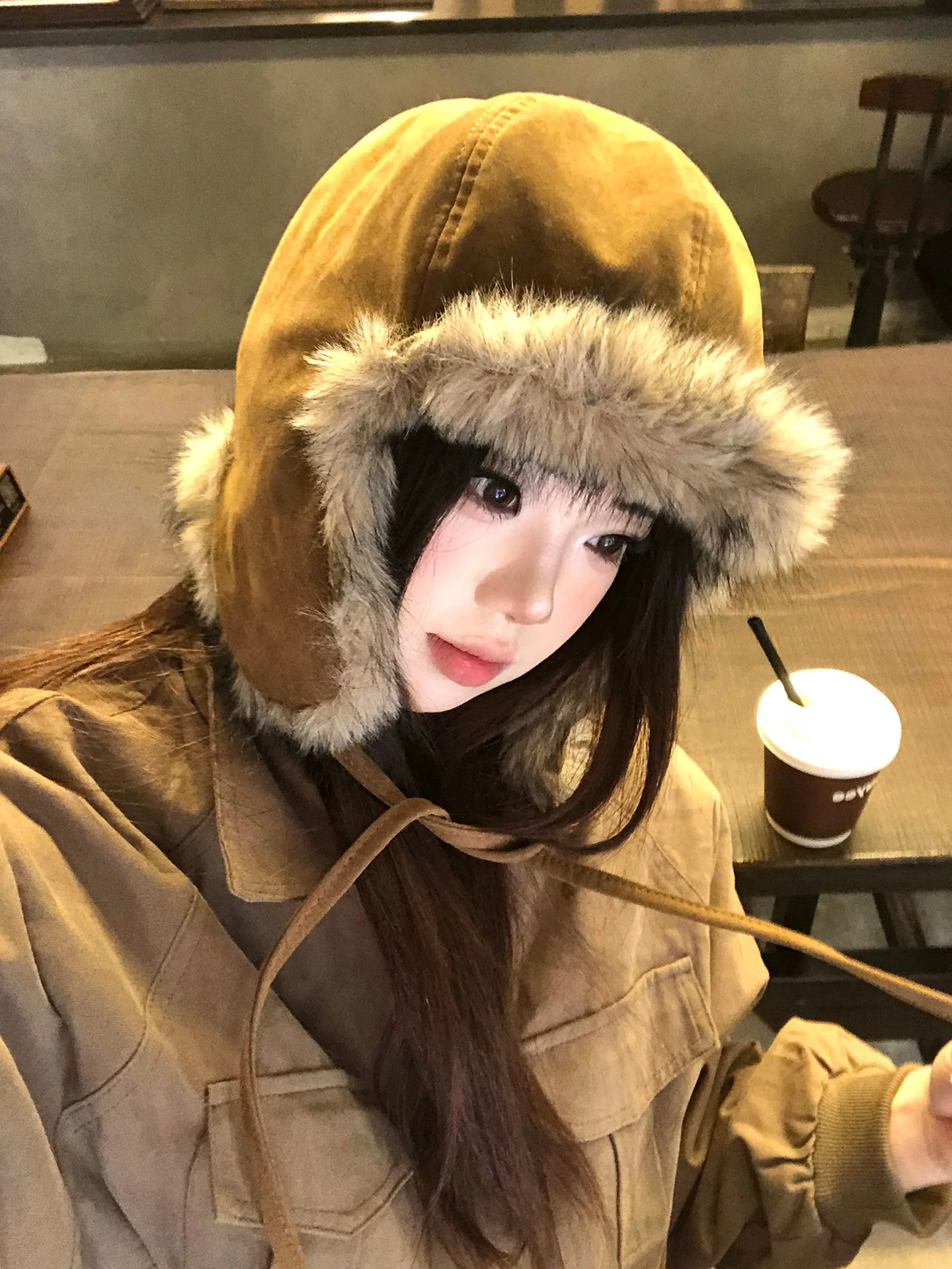 Retro Suede Fur Ear Protector Leifeng Cap Women Winter Thick Warm Outdoor Cycling Cold Resistance Flying Hat Fashionable Flig...