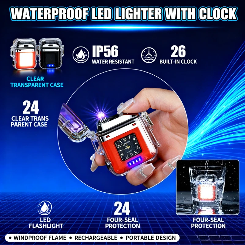 Double Arc Waterproof Lighter - Transparent Shell with Quartz Watch, Rechargeable Cigarette Accessory, Premium Gift Wholesale