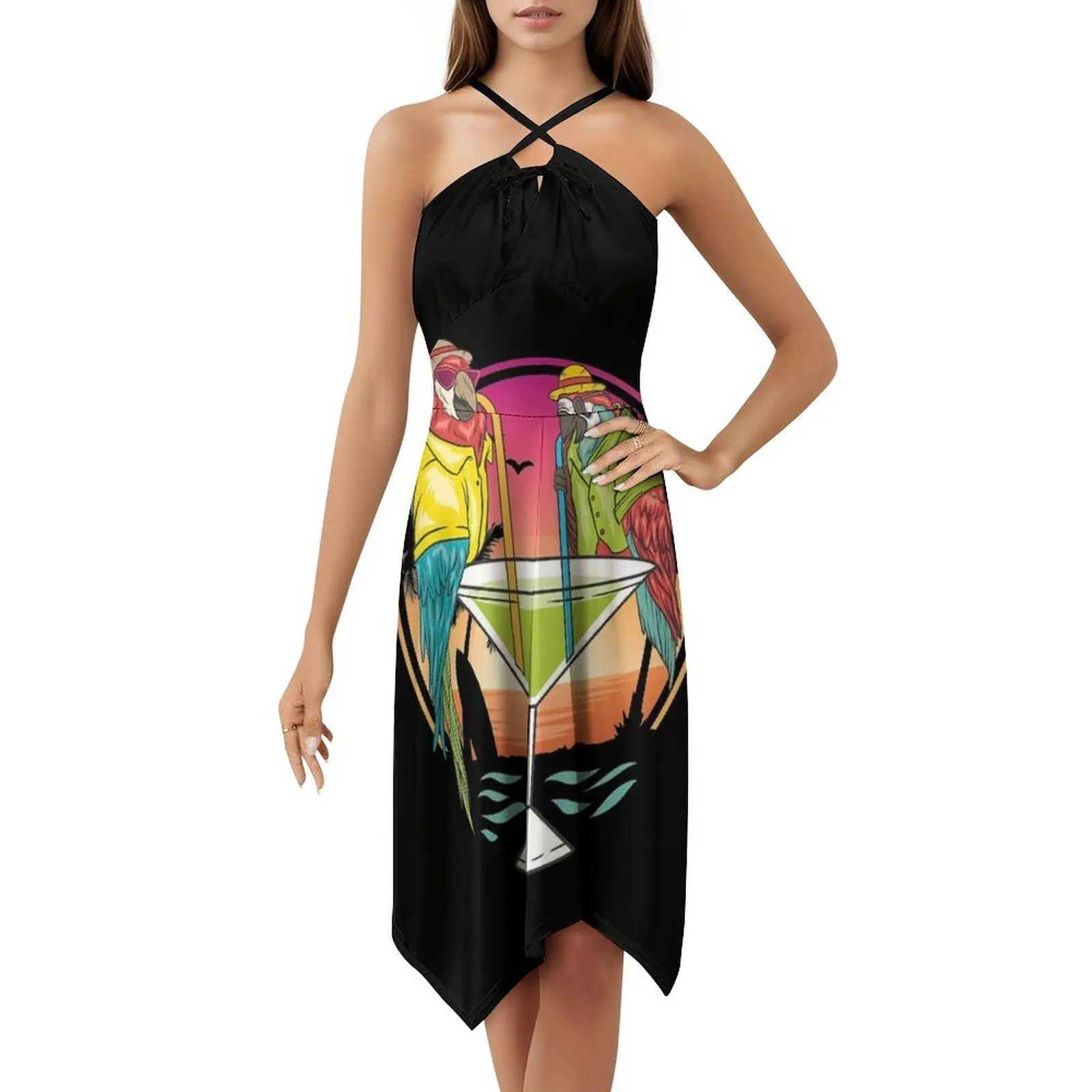 الببغاوات شرب مارغريتا في عطلة الصيف الطيور متعة الأزهار سموك فستان للنساء الربيع الصيف فستان كاجوال للحزب