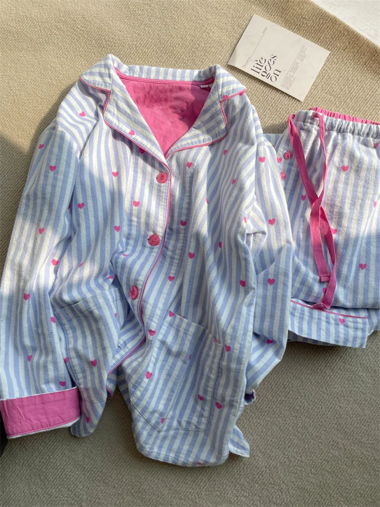 Sweet Oversize Cardigan Long Sleeve Heart Print Sleepwear Set Comfortable Skin-friendly Home Clothes for Young Women
