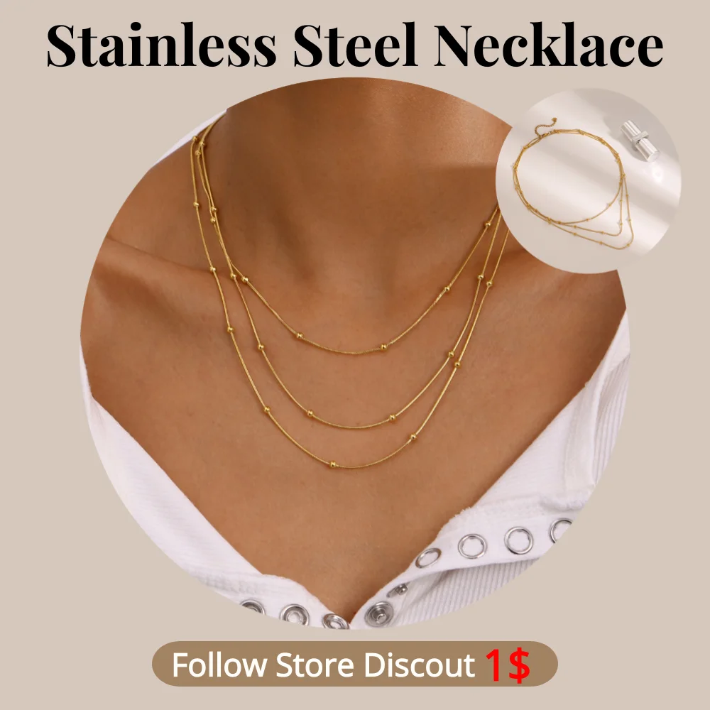 

Stainless Steel Multi-layered Gold Beads Necklace Plated 18k Gold Non Tarnish Waterproof Trendy Jewelry Necklace For Women Gift