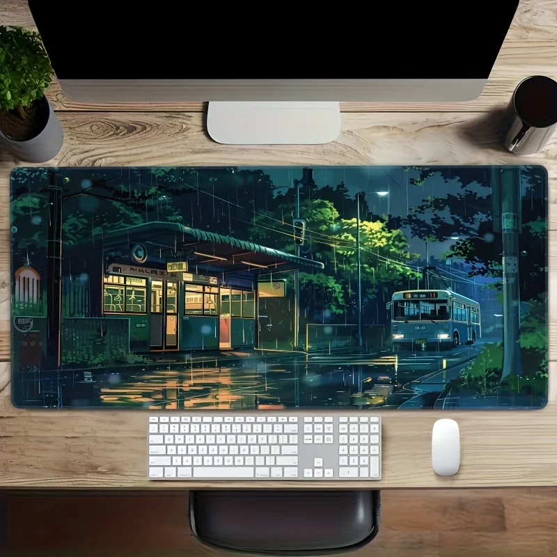 Rainy Night Bus Stop Anime Extended Gaming Mouse Pad Non-Slip Rubber Desk Mat for Work and Play