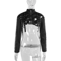 Goth Dark Faux Pu Leather Long Sleeve Crop Shrug Tops Grunge Women Rivet Zip Coats Chic Streetwear Jackets Mall Gothic Smock Top 6