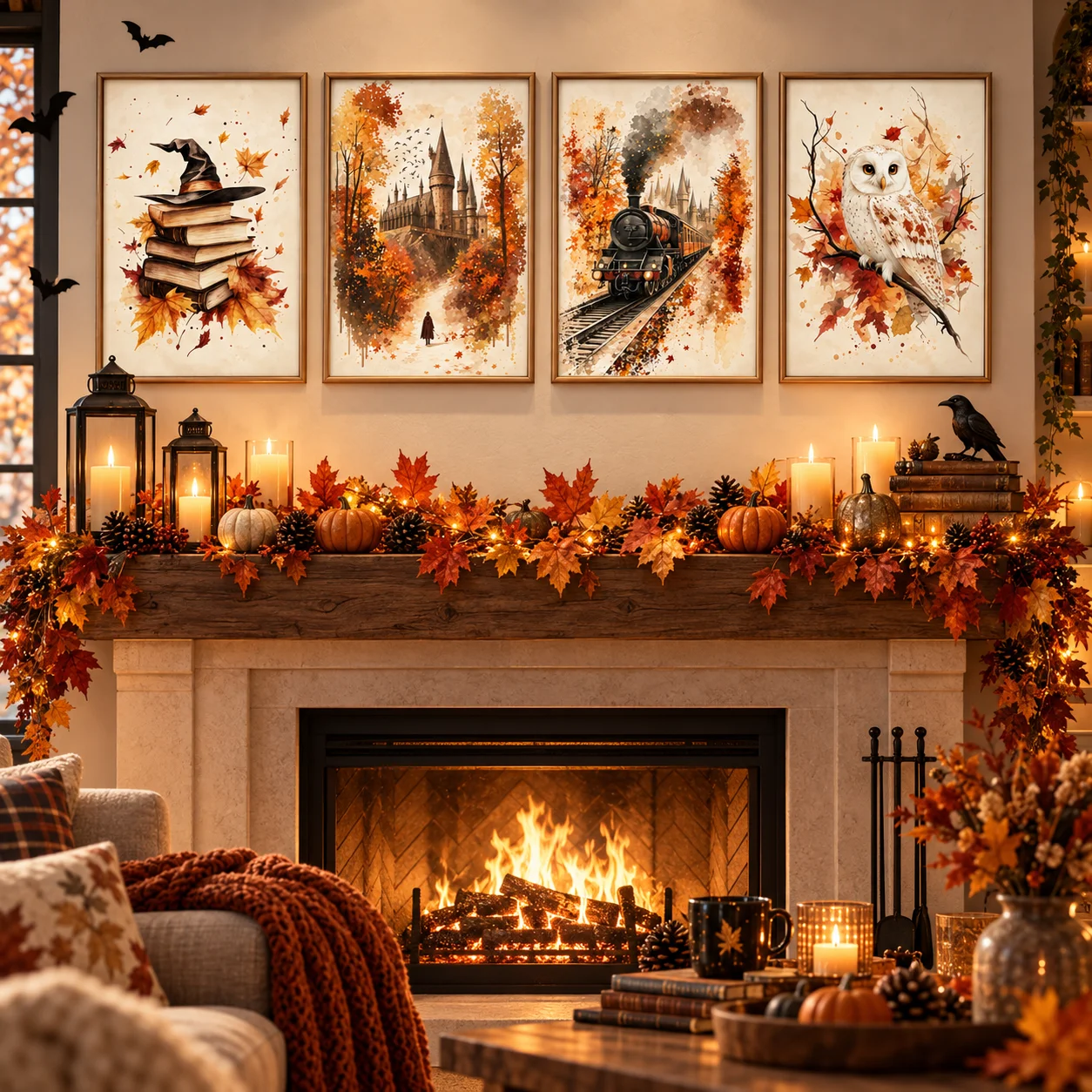 4PCS Autumn Leaves Vintage Magic Book Owl Train Castle Poster Prints, Suitable for Autumn Halloween, Christmas Home Decoration