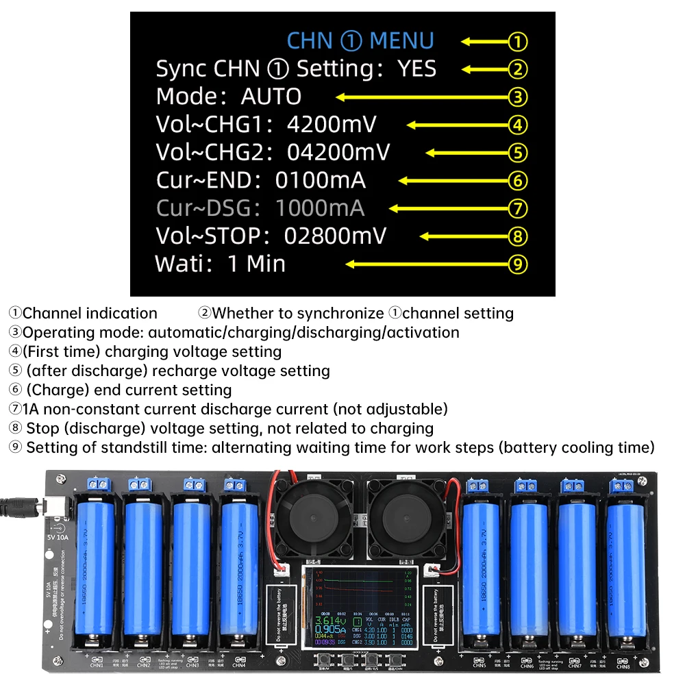 8CH 18650 Lithium Battery Capacity Tester MAh Capacity Division Internal Resistance Measuring Module 18650 Battery Tester