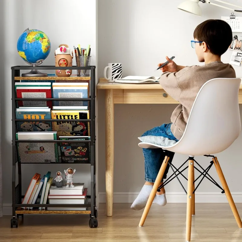 8 Tier Rolling Book Cart with Wheels, Mobile Book Storage Cart with 2 Sides Access Bookcase for Narrow Space