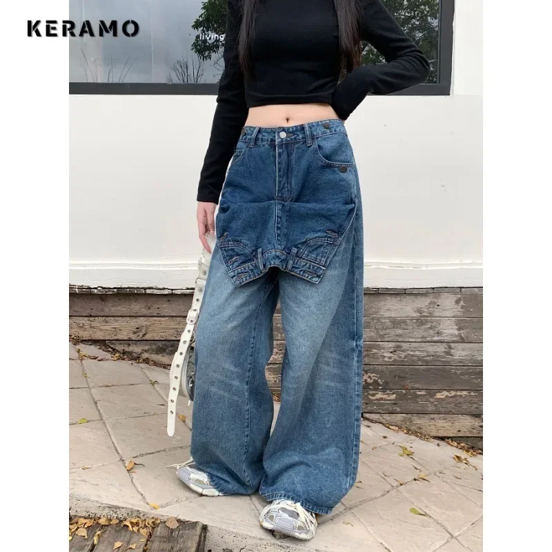 Casual Retro Wide Leg Baggy Emo Denim Trouser Harajuku Women's High Waist Loose Jeans 2024 Summer Patchwork Blue 2000s Pants