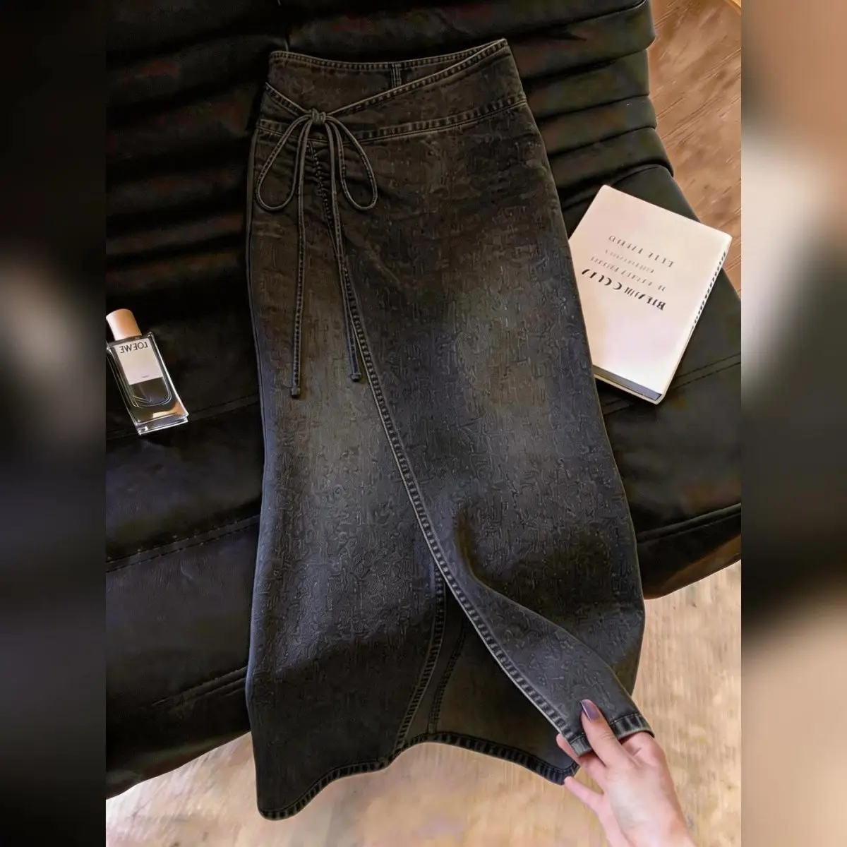 Black Gray Denim Skirt Women Drawstring Lace-up Split-ended High Waist Long Skirts