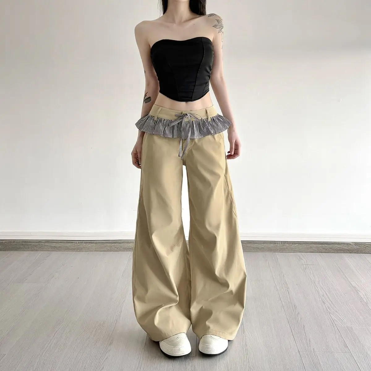 

Женские мешковатые джинсы цвета хаки 90-х годов, винтажные кружевные лоскутные джинсовые брюки в стиле Харадзюку, японский стиль 2000-х годов, джинсовые брюки большого размера Y2k, одежда