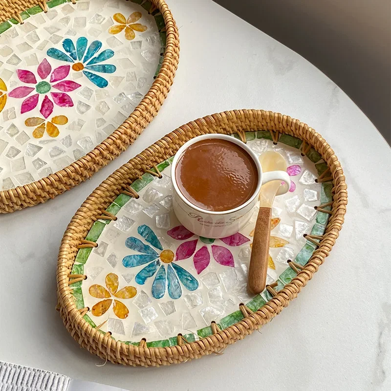 Handwoven Rattan Oval Tray with Shell Mosaic Inlay, Decorative Serving Tray for Coffee, Tea, Snacks, Bathroom Vanity Organizer