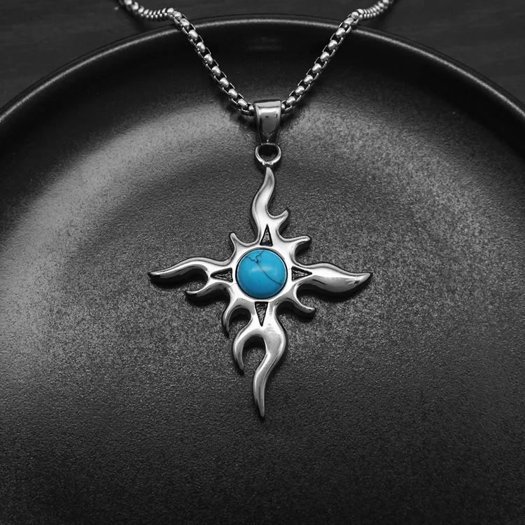 316L Stainless Steel Flame Sun Pendant Necklace Synthetic Turquoise Inlay Retro Tribal Totem Box Chain Punk Biker Jewelry Gift