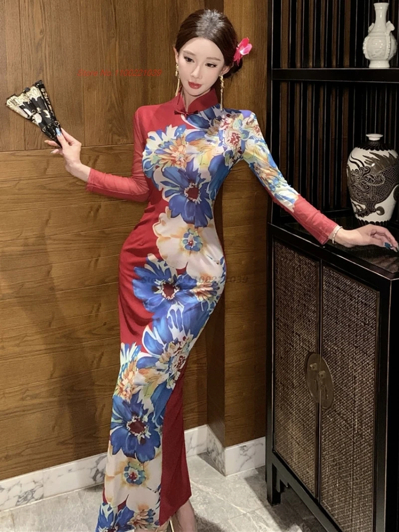 

2021, китайское сексуальное сетчатое платье Ципао, улучшенное Cheongsam, национальное платье Ципао с цветочным принтом для ночного клуба, банкетное вечернее платье, платье