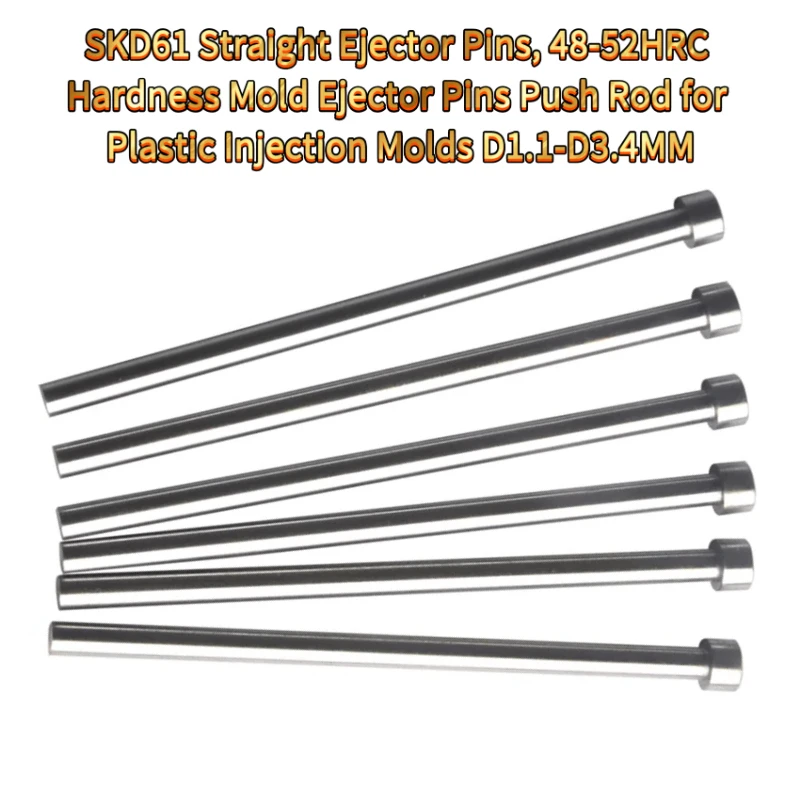 10PCS SKD61 Straight Ejector Pins, 48-52HRC Hardness Ejector Pins Push Rod Plastic Injection Molds.1-D3.4MM