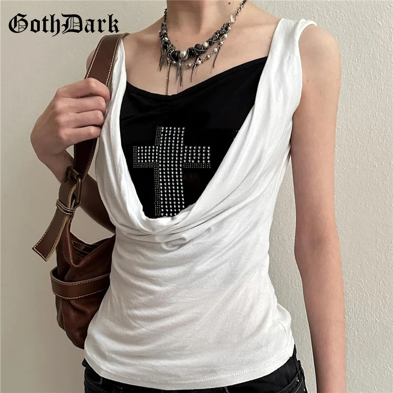 

Goth Dark 90s E-girl Cross Rhinestone Sleeveless T-shirts Y2K Grunge Patchwork Fake Two Piece Tank Tops Gothic Women Baisc Cloth