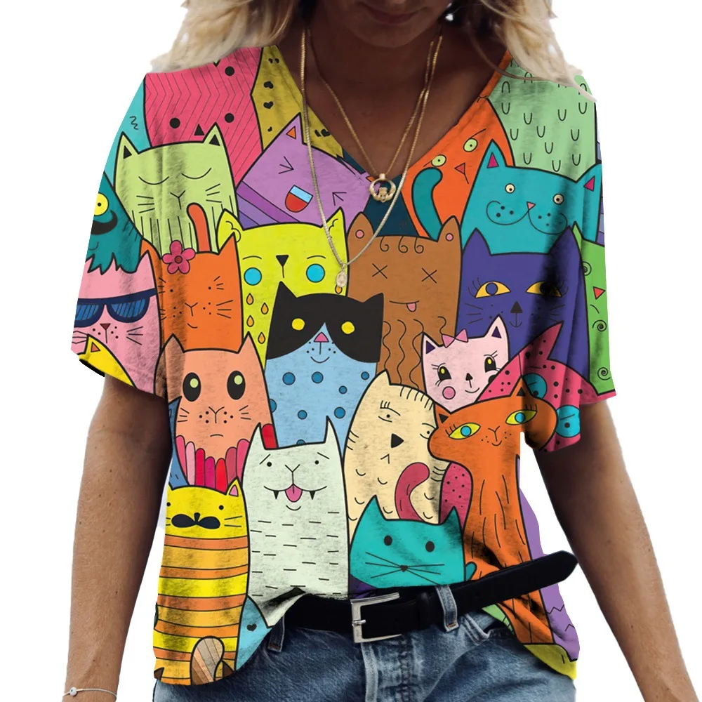 

Summer Animal Cartoon Cat 3D Print T-Shirts Women's Casual Short Sleeve V-Neck T Shirt Y2K Tees Harajuku Tops Female Clothing