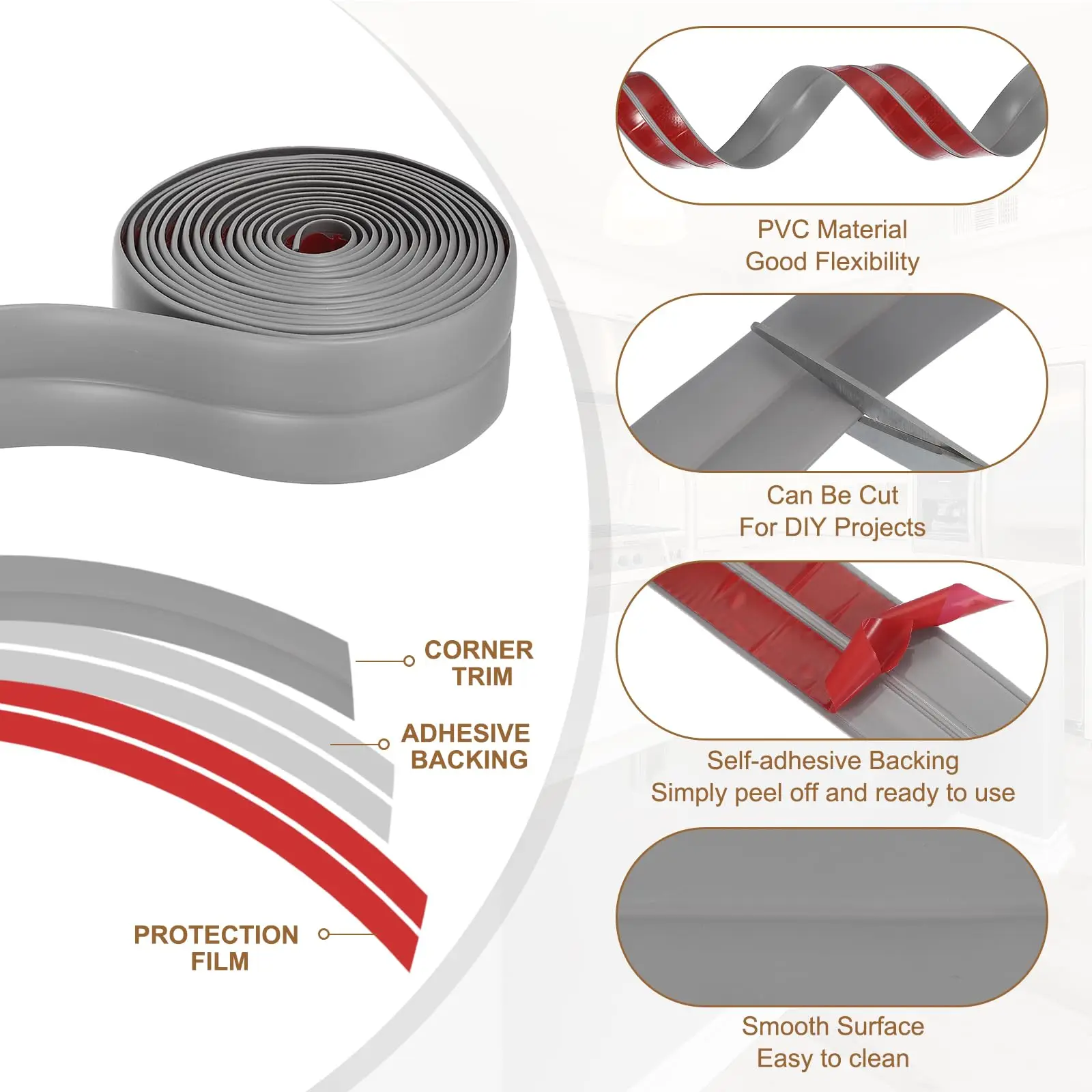 196.85-inch decorative strips can be peeled off and pasted on the edges of indoor/outdoor corners, ceilings, and countertops.