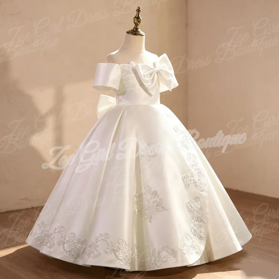 White Satin Flower Girl Dresses Bow Appliques Princess First Holy Communion Dress Wedding Birthday Party Gowns Customized