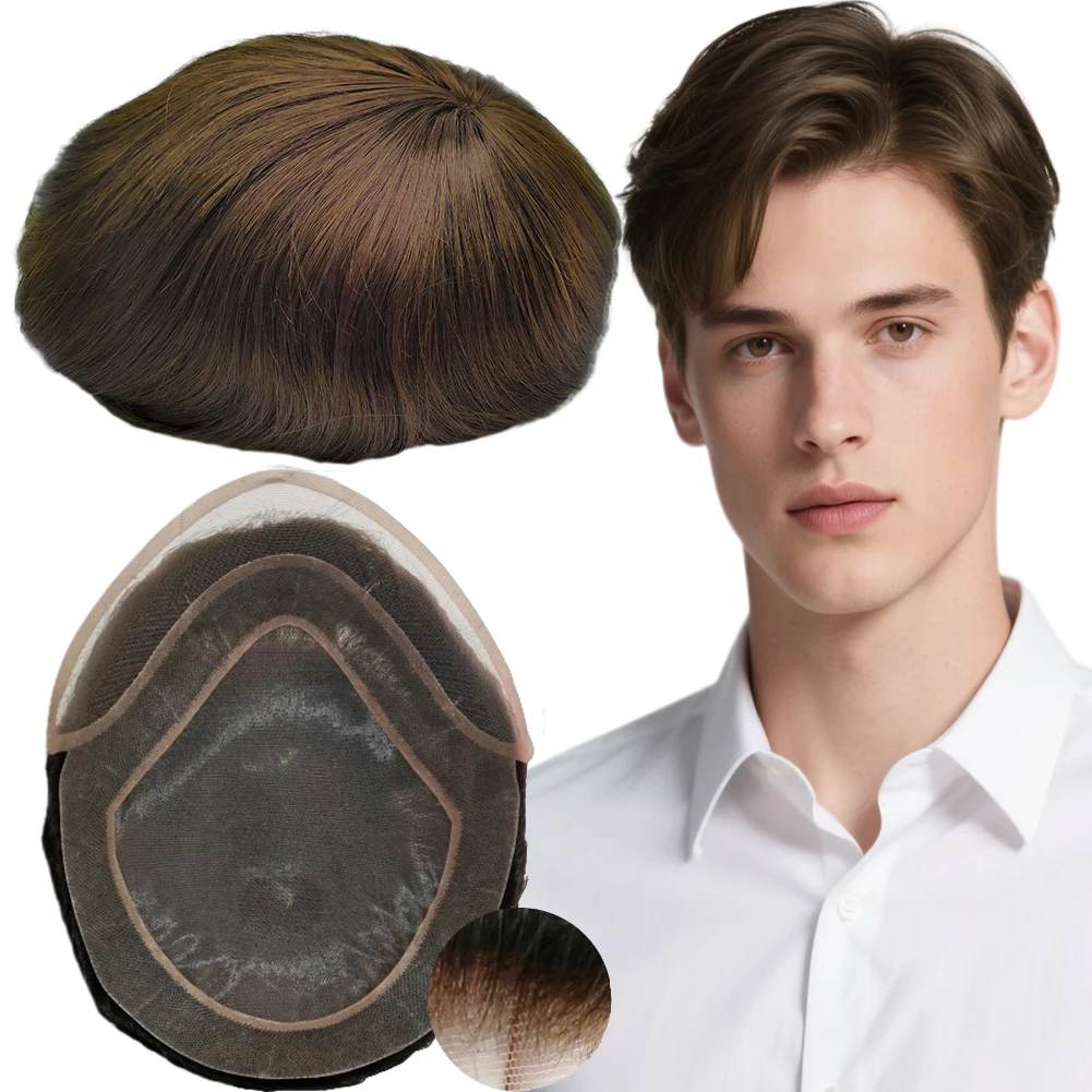 شعر مستعار NLW للرجال، قطع شعر بشري أوروبية، بدلة شعر صناعية للرجال، دانتيل أمامي سويسري مع نظام استبدال الشعر حول البولي يوريثان