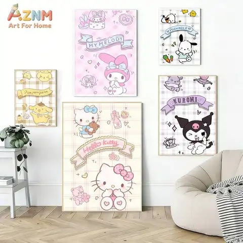 AZNM Sanrio Kawaii Characters Wall Art, Hello Kitty My Melody Kuromi Canvas Print, Girls Room Decor Poster, Frameless
