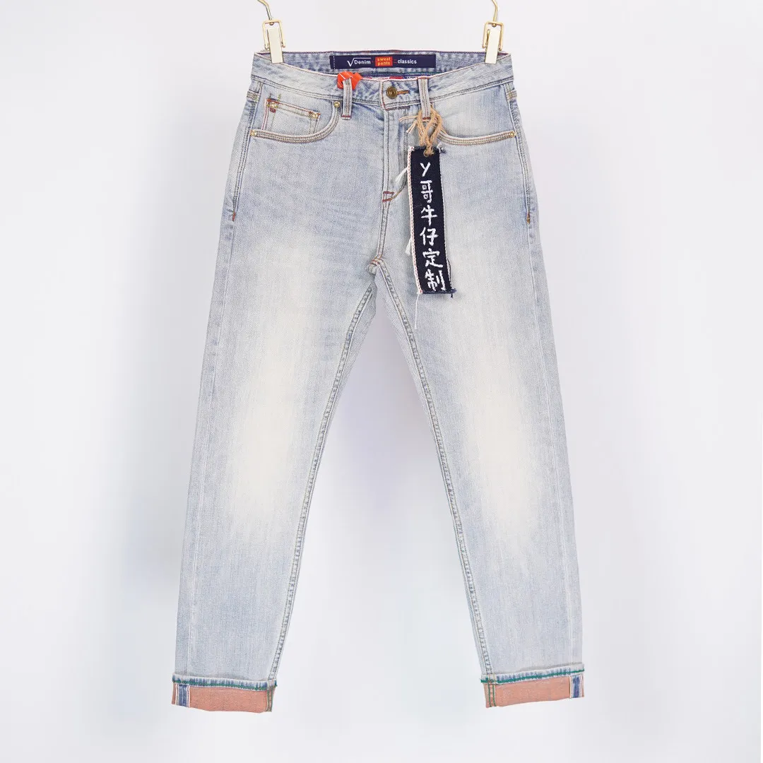 

99% Cotton 13oz Selvedge Denim Jeans for Men Fashionable Versatile Light Blue Wash Stretch Slim Straight Spring/Summer Pants 5KM