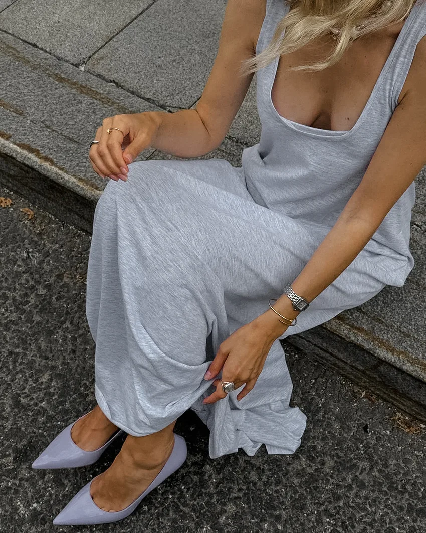 Vestido colete cinza para mulheres no outono 2025 elegante camadas soltas pescoço quadrado vestido linha saia longa