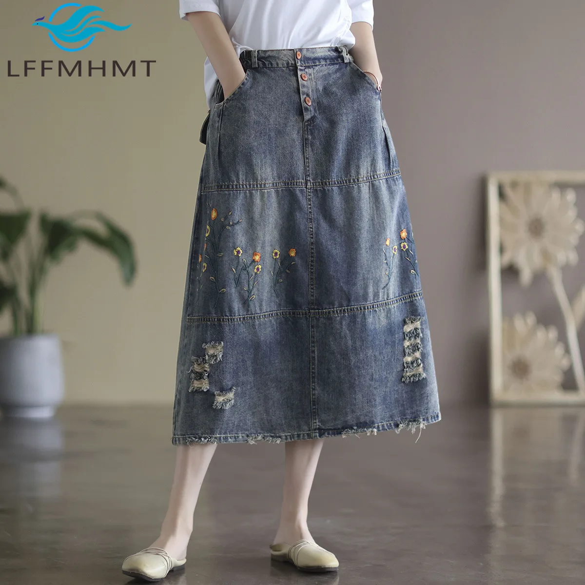 Spring Summer New Fashion Vintage Ripped Hole Flower Embroidery Denim Skirt for Women Good Quality High Waist Retro A-line Dress