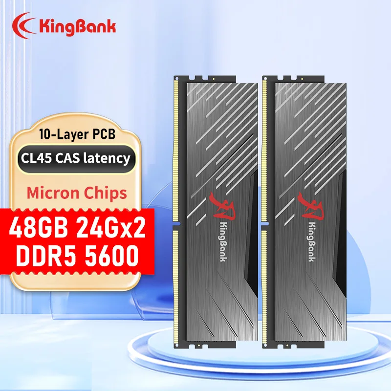 KingBank 블랙 데스크탑 메모리 스트립, 마이크론 칩 입자, 24GB x 2 DDR5, 5600MHZ, 48GB, 24GB, CL45