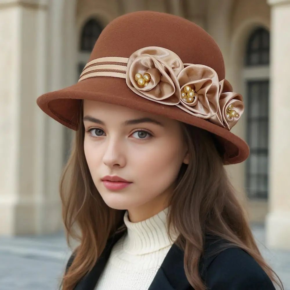 Autumn and winter new woolen top hat, women\'s British Hepburn style fisherman hat, rose flower elegant and fashionable versatile