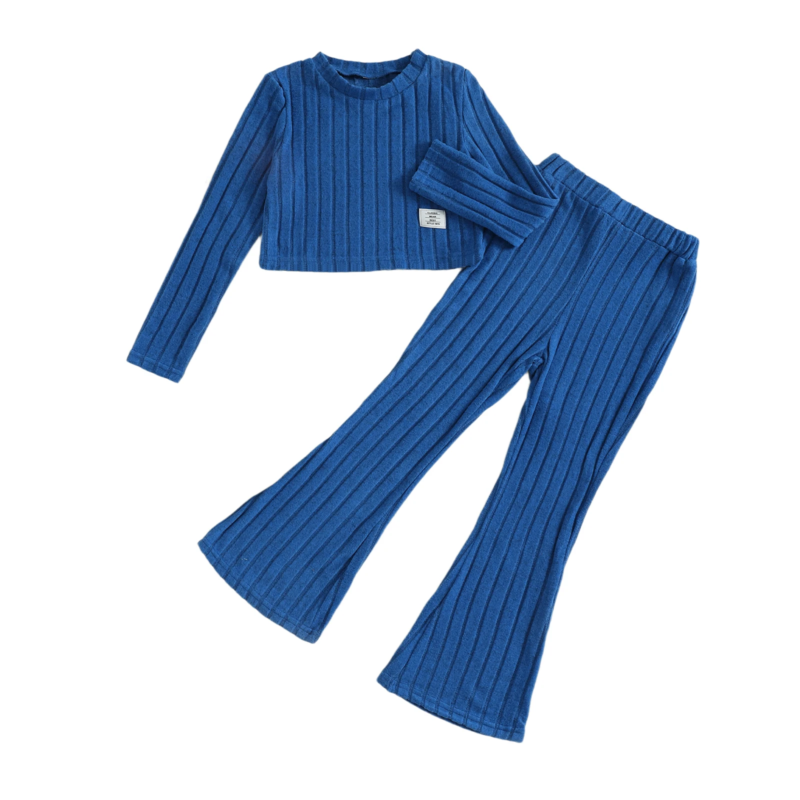 توين فتاة الخريف متماسكة ملابس الصلبة مضلع كم طويل جولة الرقبة قمم مرونة الخصر مضيئة السراويل 2 قطعة مجموعة #1