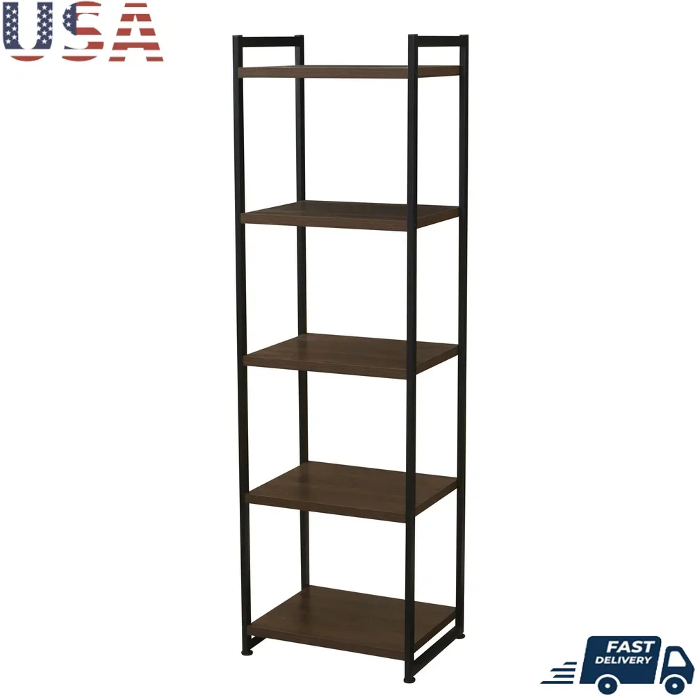 

Narrow 5 Shelf Tower Storage Bookshelf Open Metal Frame Engineered Wood Freestanding Display Rack Modular Bookcase Home Office