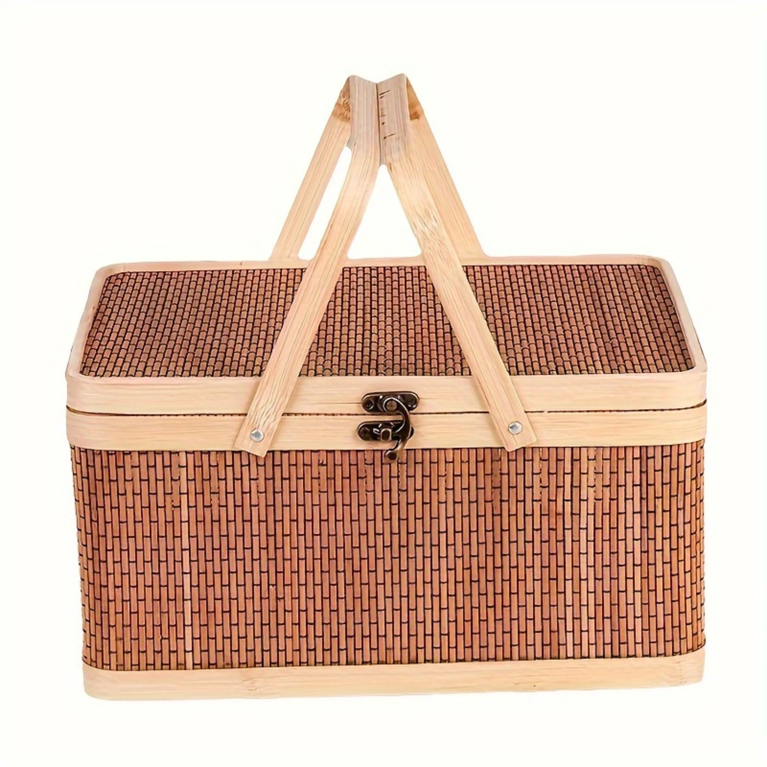 

1pc Bamboo Picnic Basket With Lid And Latch, Portable Woven Basket, Gift Packing Basket For Outdoor Gatherings, With Bamboo Car