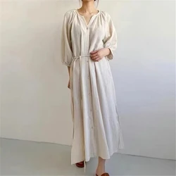 REALEFT 2024 New Cotton and Linen Women's Shirt Dresses Retro V-Neck Single Breasted Casual Straight Dress for Women