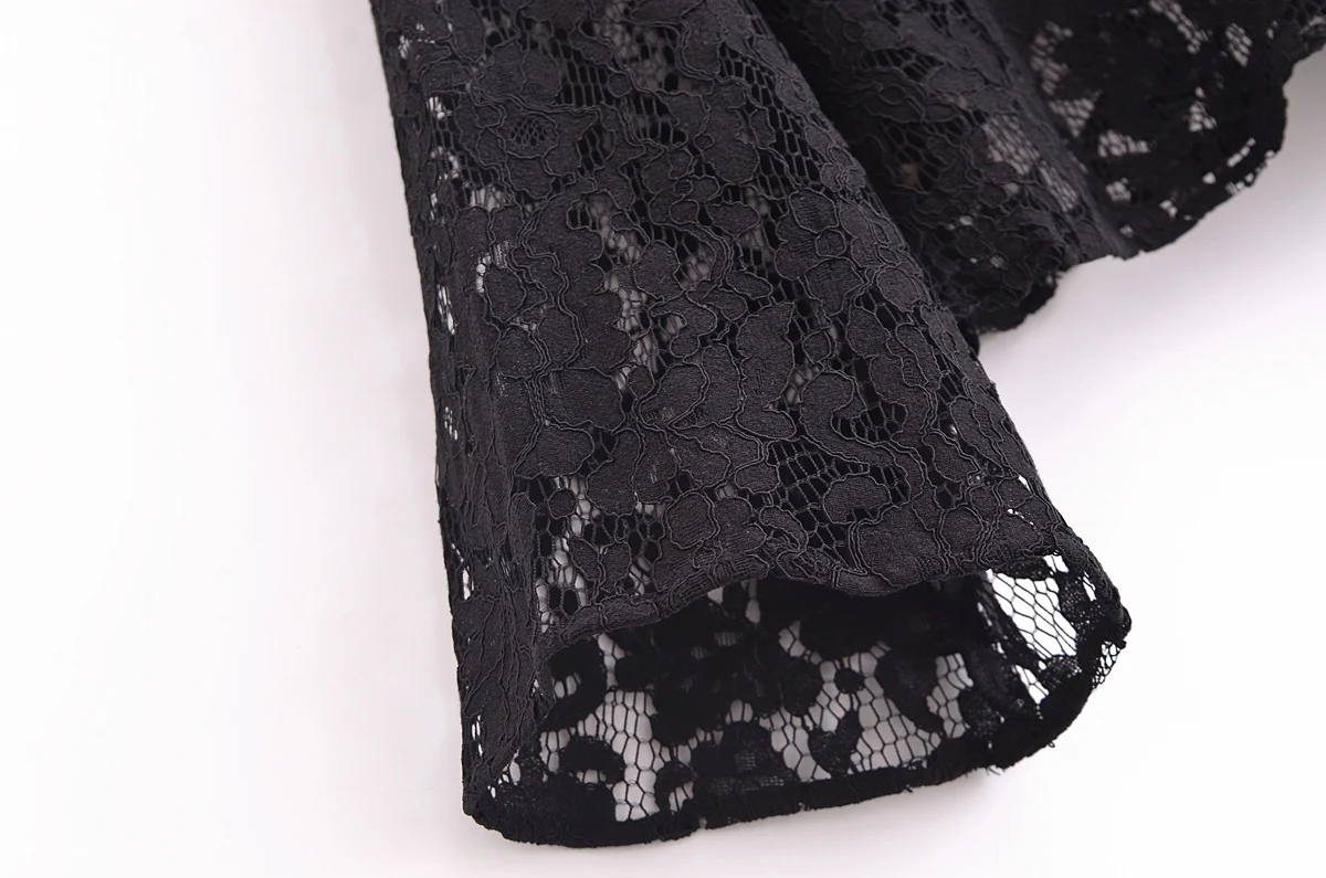 Tangada Women Black Lace Crop Blouse Flare Long Sleeve Chic Female Lady Tops QD074